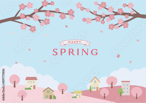 春の背景イラスト　桜の背景　春素材　桜と家　バナー　