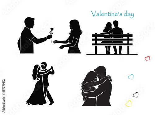Valentine Day Romantic Couple Poses Silhouette Art High-quality silhouettes of a couple giving a rose, sitting on a bench, dancing, and hugging with colorful heart accents. Perfect for Valentine's Day