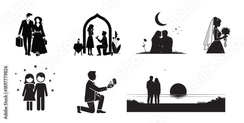Wedding Couple and Romantic Elements Silhouette Set A diverse collection of wedding silhouettes featuring a bride and groom, a romantic couple under an umbrella with floral ornaments, and a marriage 