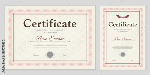 A set of certificate and diploma templates in pink and red colors. Horizontal and vertical layouts with a classic frame and ribbon. An editable vector for awards, business, and education.
