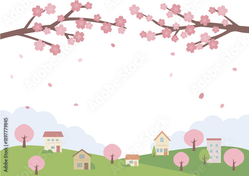 春の風景イラスト　満開の桜と家のイラスト　春の背景　春素材　バナー　