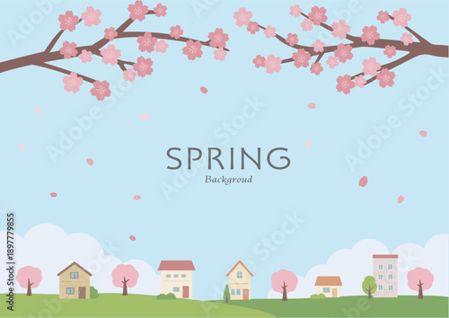 春の背景イラスト　桜の背景　春素材　桜と家　バナー　