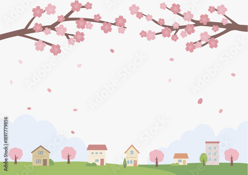 春の背景イラスト　桜の背景　春素材　桜と家　バナー　