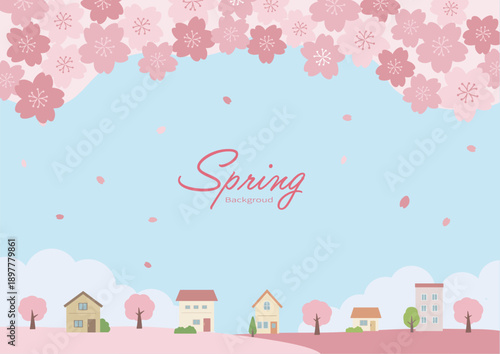 春の背景イラスト　桜の背景　春素材　桜と家　バナー　