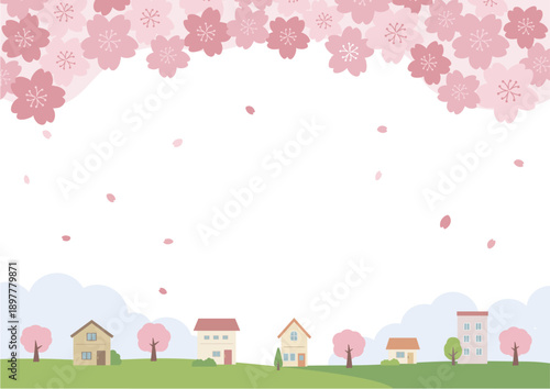 春の背景イラスト　桜の背景　春素材　桜と家　バナー　