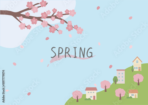 春の背景イラスト　桜の背景　春素材　桜と家　バナー　