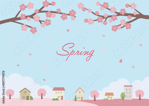 春の背景イラスト　桜の背景　春素材　桜と家　バナー　