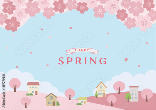春の背景イラスト　満開の桜と家のイラスト　春素材　桜と家　バナー　