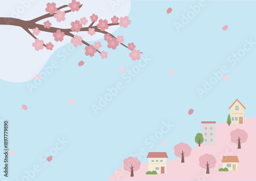 春の背景イラスト　桜の背景　春素材　桜と家　バナー　