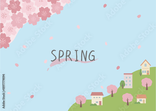 春の背景イラスト　桜の背景　春素材　桜と家　バナー　