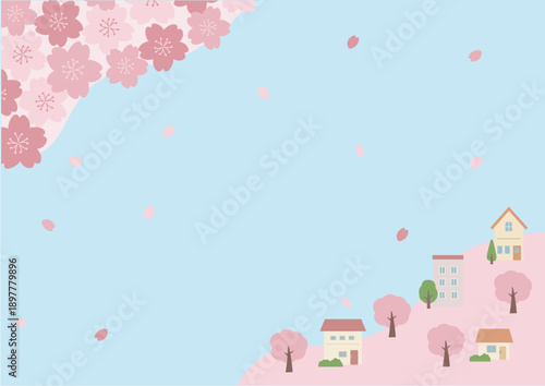 春の背景イラスト　桜の背景　春素材　桜と家　バナー　
