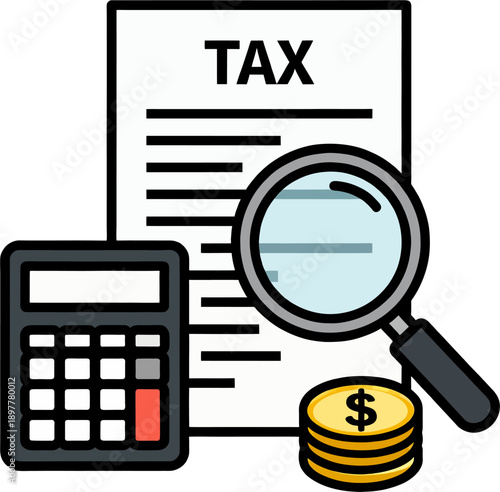 Flat vector illustration of tax document under magnifying glass with calculator and coins, perfect for financial and accounting concepts