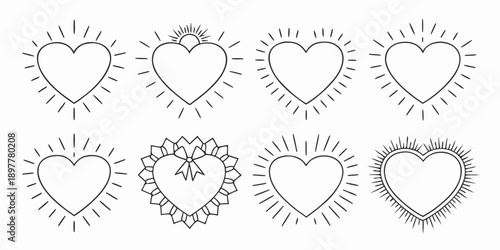 Collection of hand drawn heart shapes with radiating lines and decorative elements