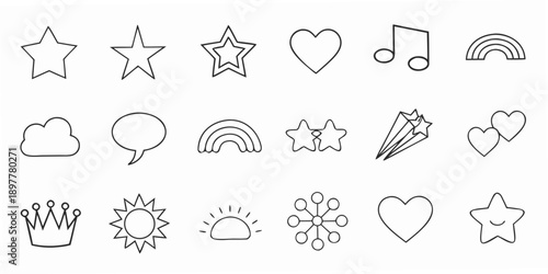 Simple black and white doodles of stars hearts rainbows and other cute shapes