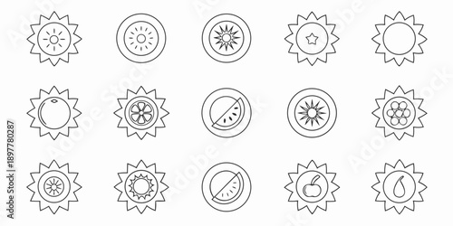 Collection of diverse circular fruit and sun like icon outlines in black