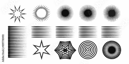 Abstract black and white graphic designs featuring radial and linear patterns