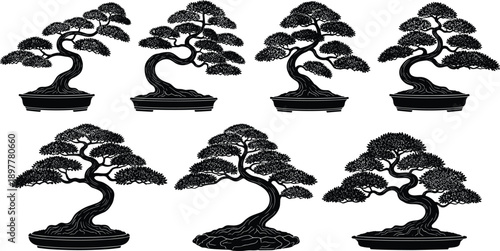 Elegant collection of detailed bonsai tree silhouettes showcasing artistic miniature tree designs, natural balance, zen aesthetic, tranquility, and traditional Japanese style