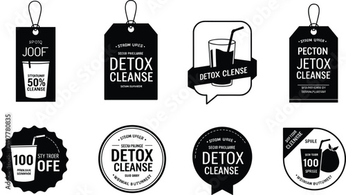 Detox cleanse label set, black and white badges, organic product icons, health branding, wellness packaging, clean design, vector graphics