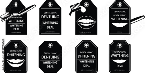Dental clinic promotional tags, whitening deal labels, black and white dental graphics, toothpaste icons, toothbrush design, oral care discount signs
