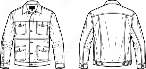 Denim jacket technical sketch, front and back view, fashion design template, garment construction, apparel illustration, black and white drawing, vector