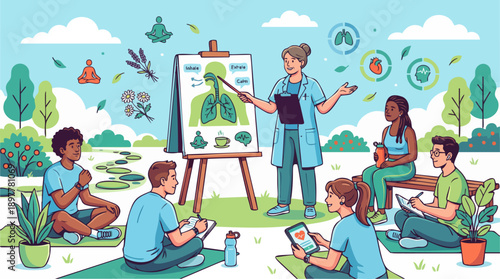 An outdoor health education class with an instructor teaching about human anatomy and natural remedies to a diverse group of students in a serene park setting.