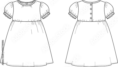 Cute puff-sleeve baby dress technical flat sketch with gathered waist, button back closure, front and back view detailed fashion illustration