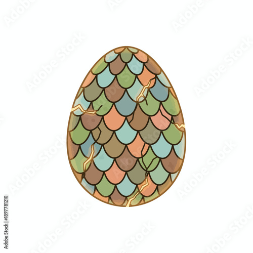 An enchanting illustration of a cracked dragon egg with a textured, scaly surface in muted, earthy tones, hinting at a magical hatching