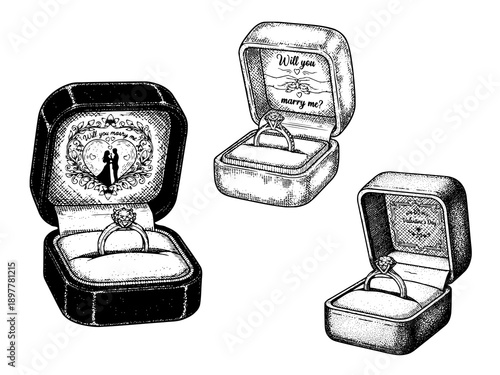 Open engagement ring box engraving illustration for proposal branding