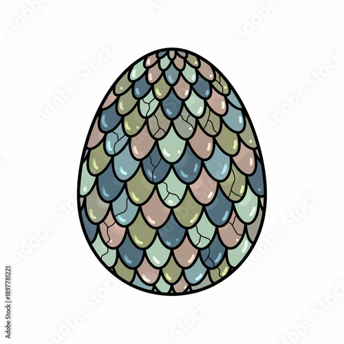Intricate scaled egg illustration, presenting a mystical textured surface with a muted natural color palette, perfect for fantasy graphic designs and enchanting visual storytelling projects