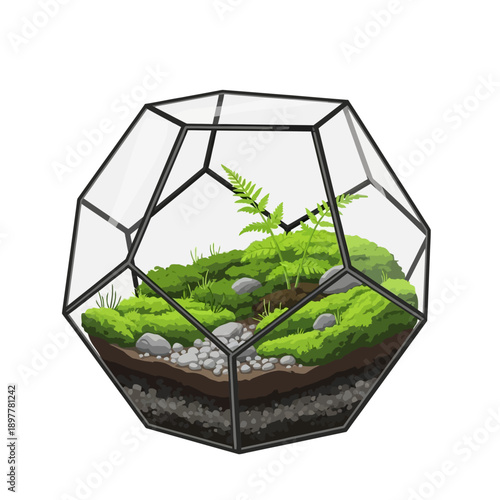Vibrant geometric glass terrarium illustration with a miniature ecosystem of lush green moss, a delicate fern, and natural stones, ideal for modern botanical decor