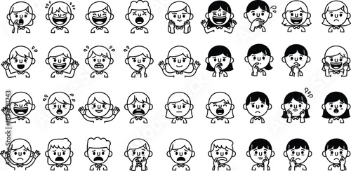 Cute kids facial expressions illustration, various emotions cartoon vector, happy sad surprised angry confused faces, child character emoji icons design