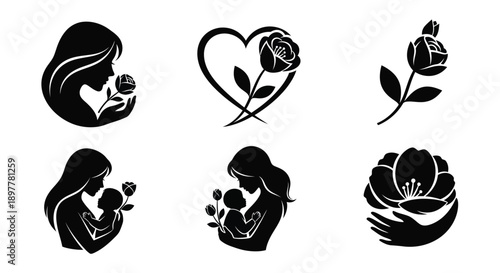 Motherhood symbols black silhouettes of mothers with children and flowers heart and rose maternity and parenting icons love and care