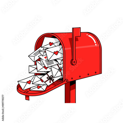 Overflowing mailbox filled with love letters and hearts, symbolizing romance and communication