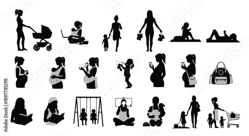 Collection of pregnant women and mothers with children in various daily activities and parenting moments