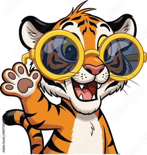 Cute cartoon tiger cub waving, wearing yellow sunglasses, smiling happily, playful animal character, children’s illustration, friendly jungle mascot, isolated white background