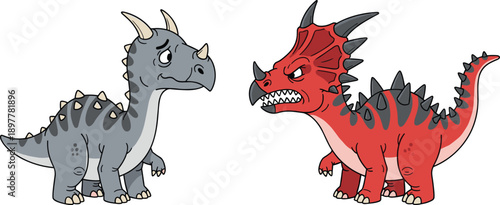 Cute cartoon dinosaurs facing each other, angry red dragon versus sad gray dinosaur, prehistoric animal illustration, kids dino character design