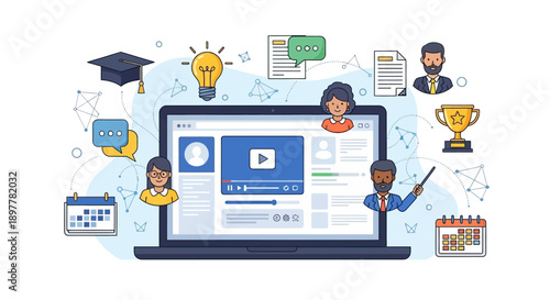 A businessman interacts with a digital social network concept featuring communication icons and cloud technology via his laptop and mobile phone in this modern vector illustration