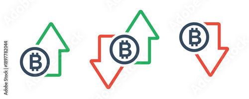 biycoin coin with green up an red down arrows, national currency cost trend, rise or fall exchange rate, positive or negative trend forecast