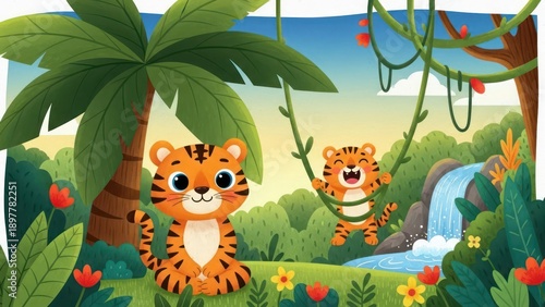 Enchanting cartoon illustration of playful tigers amidst a lush tropical jungle landscape