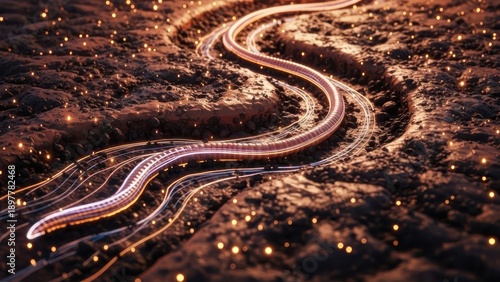 Illuminated pathways through textured terrain depicting interconnected data streams and network