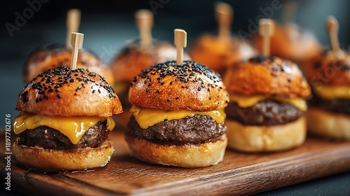 Miniature cheeseburgers on a wooden board, with toasted buns and sesame seeds