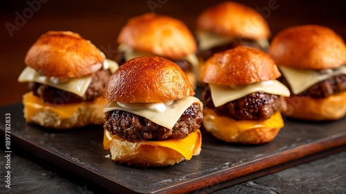 Sliced cheese topped beef sliders with golden toasted buns, on a dark serving board