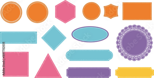 Colorful geometric label shapes collection, stitched outline frames, decorative badge templates, blank vector tags for design, scrapbooking, crafting, and branding projects