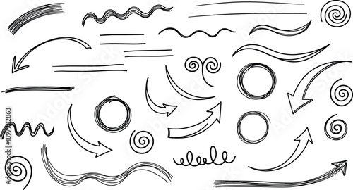 Hand Drawn Black Ink Arrow Set with Swirls, Curly Lines, Circular Frames, Wavy Underline Strokes, and Decorative Flourish Graphic Design Elements