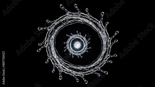 Water drops vortex on a black backdrop creates an illusion of depth and movement