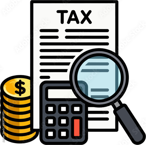 Flat Vector Illustration of Tax Calculation Concept: TAX Document with Magnifying Glass, Calculator and Gold Coins