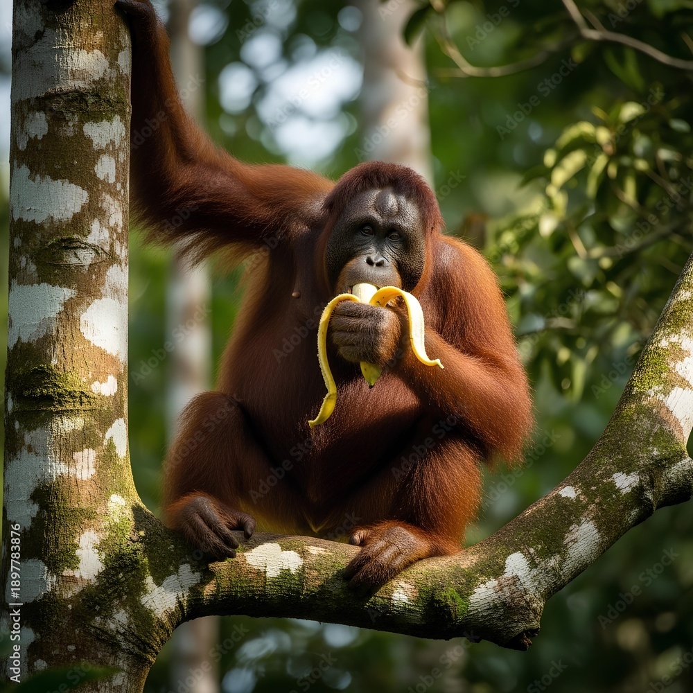 Naklejka premium Wild Orangutan Holding Banana in Natural Habitat