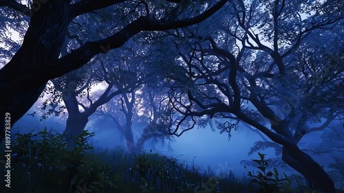 Misty forest with trees at dusk.