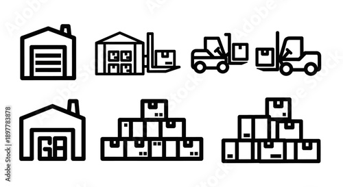 Warehouse, Logistics, and Shipping Icons Set. Simple outline vector symbols for supply chain management, storage, cargo delivery, and inventory.