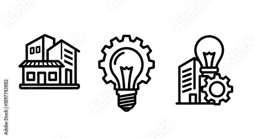 Smart City Development Icons: Real Estate, Innovation, Technology, Engineering Solution, Urban Planning Outline